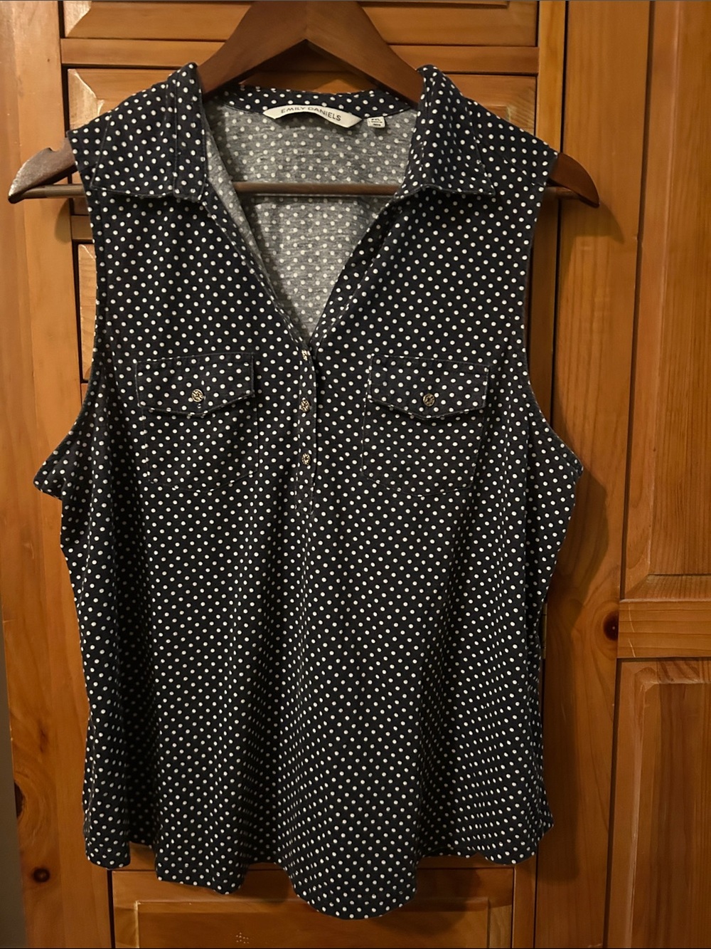 Emily Daniel’s Sleeveless Polka Dot Collared top